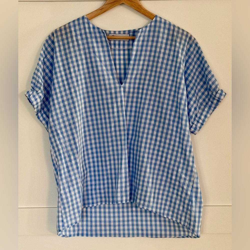 Caryn Lawn Women's Blue & White Gingham Blouse Tunic Top One Size